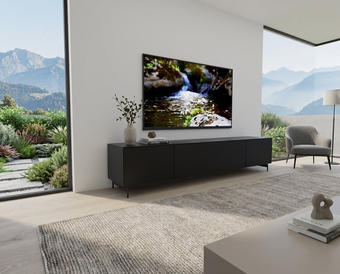 3D-Visualisierung: TV-Möbel in offenem Wohnraum mit Panoramafenstern und Bergsicht