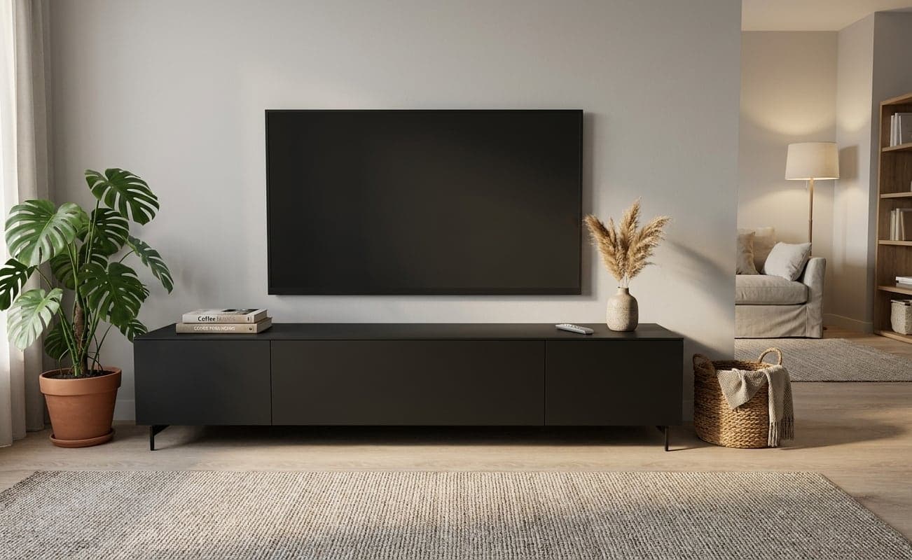 Visualisierung: schwarzes TV-Lowboard mit Wand-TV im wohnlich eingerichteten Raum