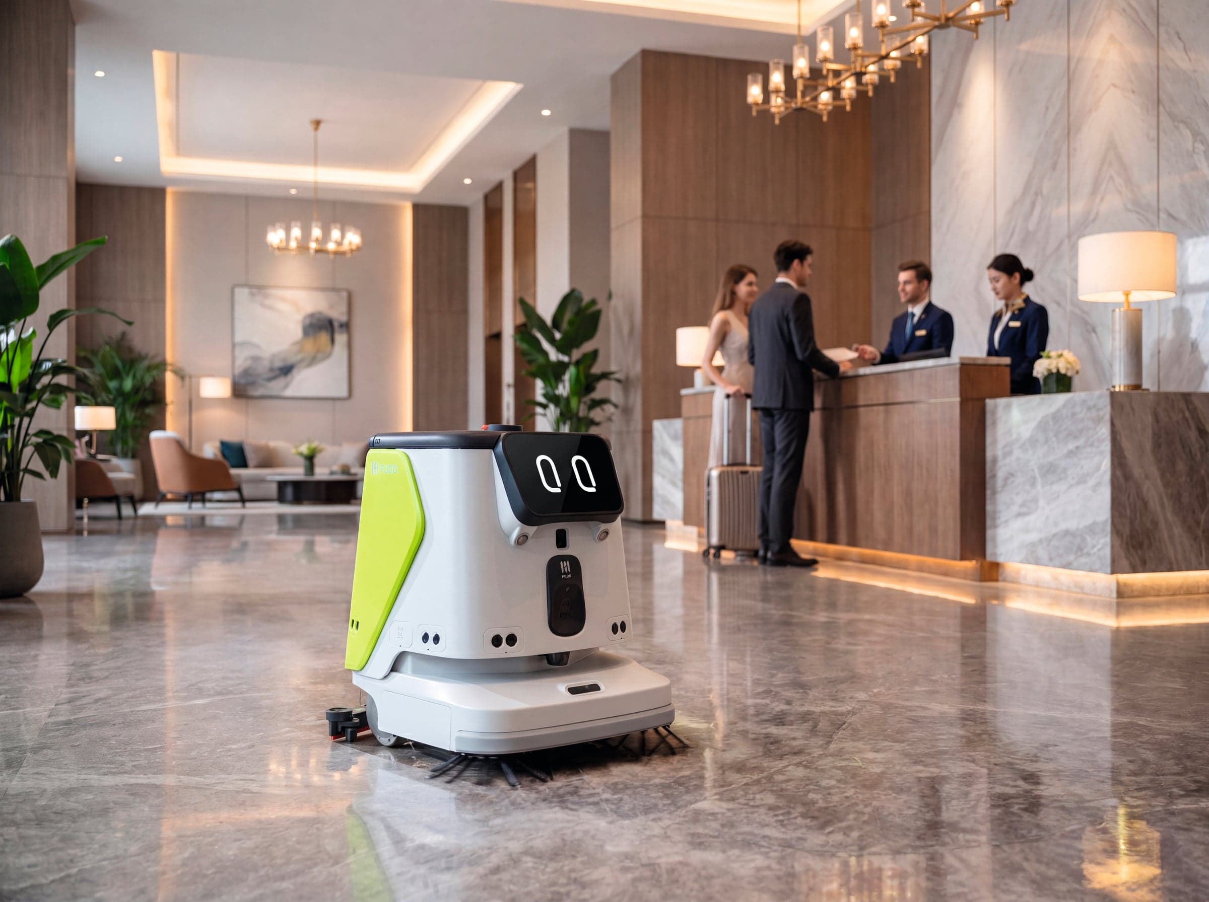 Reinigungsroboter bei der Bodenreinigung in einer Hotellobby (Symbolbild Terra Robotics)
