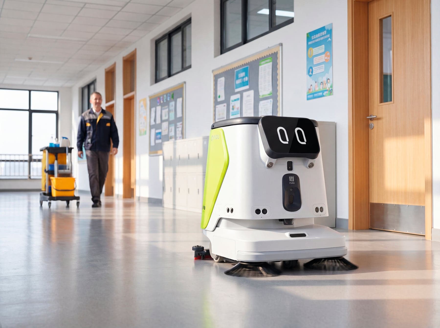 Reinigungsroboter im Korridor eines öffentlichen Gebäudes, im Hintergrund ein Facility-Mitarbeiter (Symbolbild Terra Robotics)