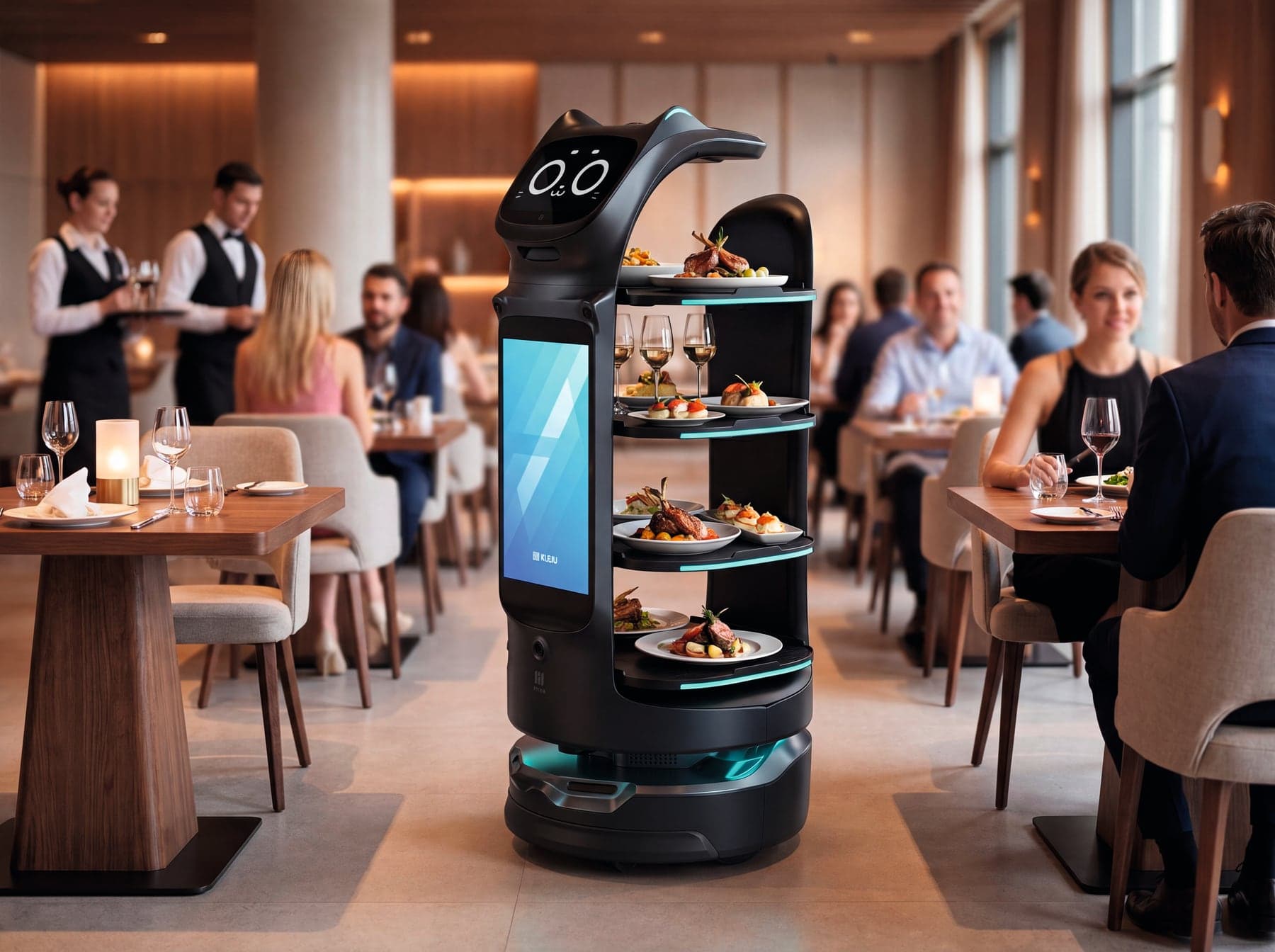 Serviceroboter mit Tabletts zwischen besetzten Tischen in einem Restaurant (Symbolbild Terra Robotics)