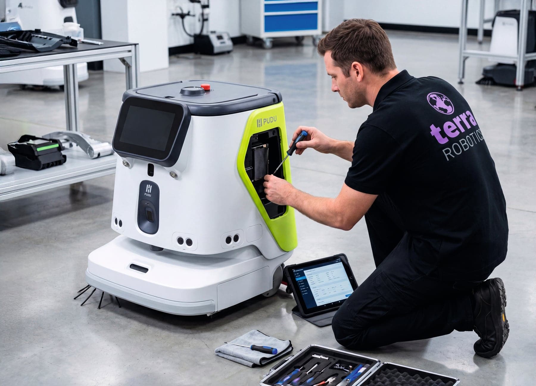 Techniker richtet einen Reinigungsroboter mit dem Laptop ein (Symbolbild Terra Robotics)